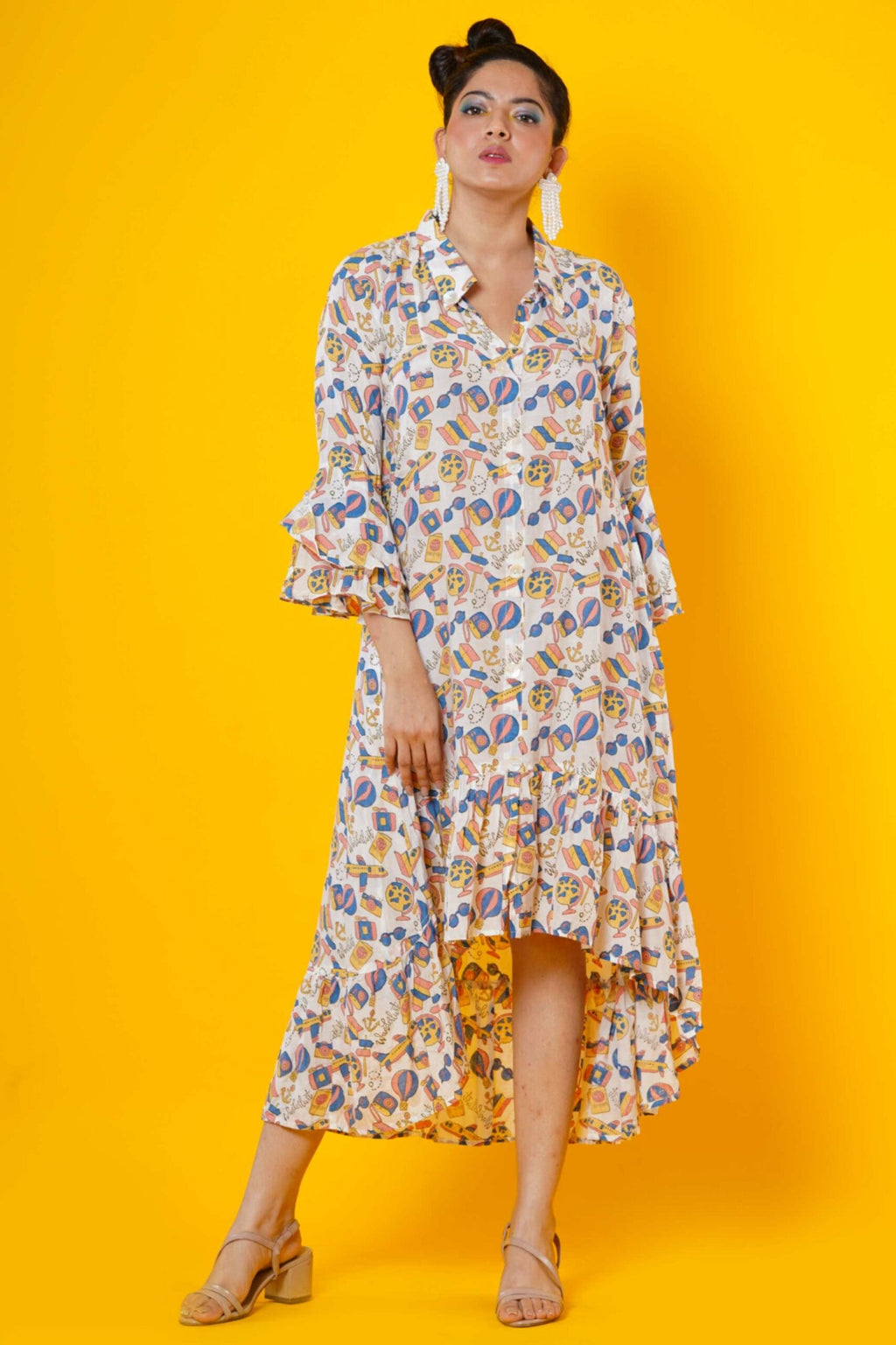 Wanderlust Print Women Midi Frill Dress
