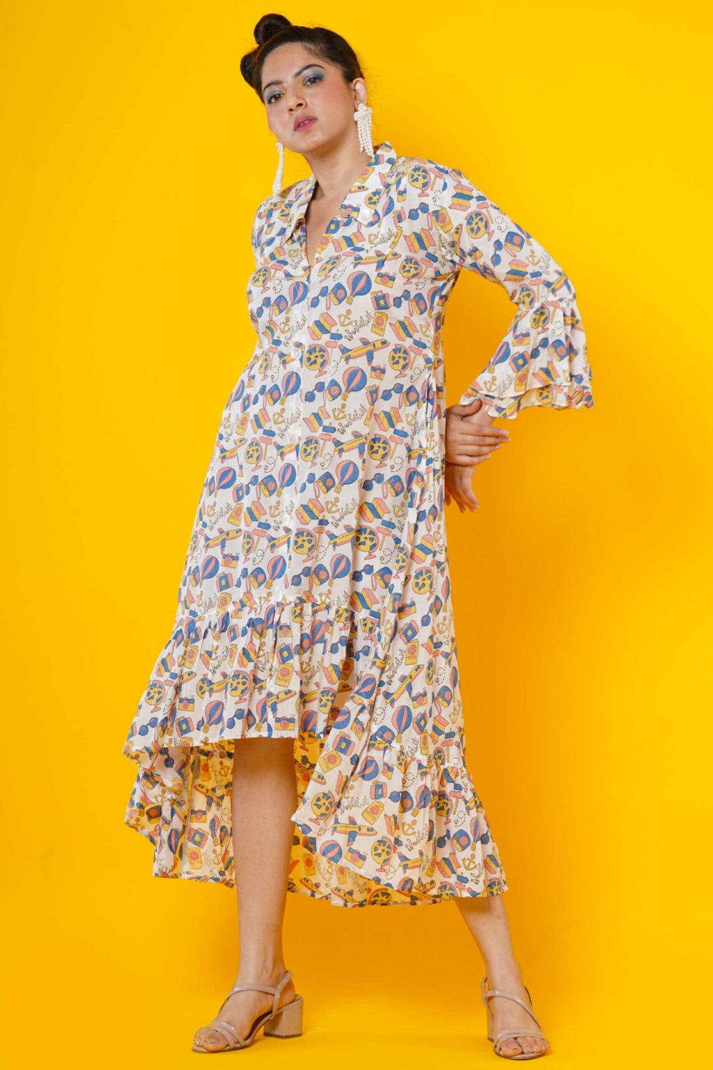 Wanderlust Print Women Midi Frill Dress