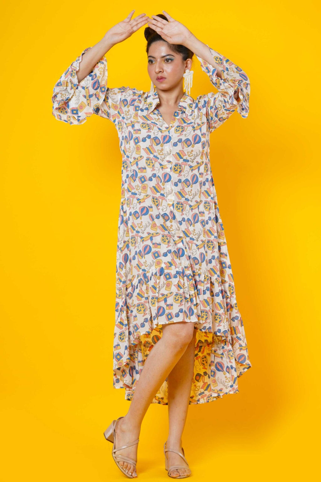 Wanderlust Print Women Midi Frill Dress