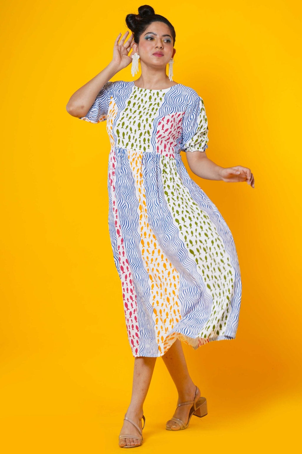 Waves And Fish Block Print Cotton Dress