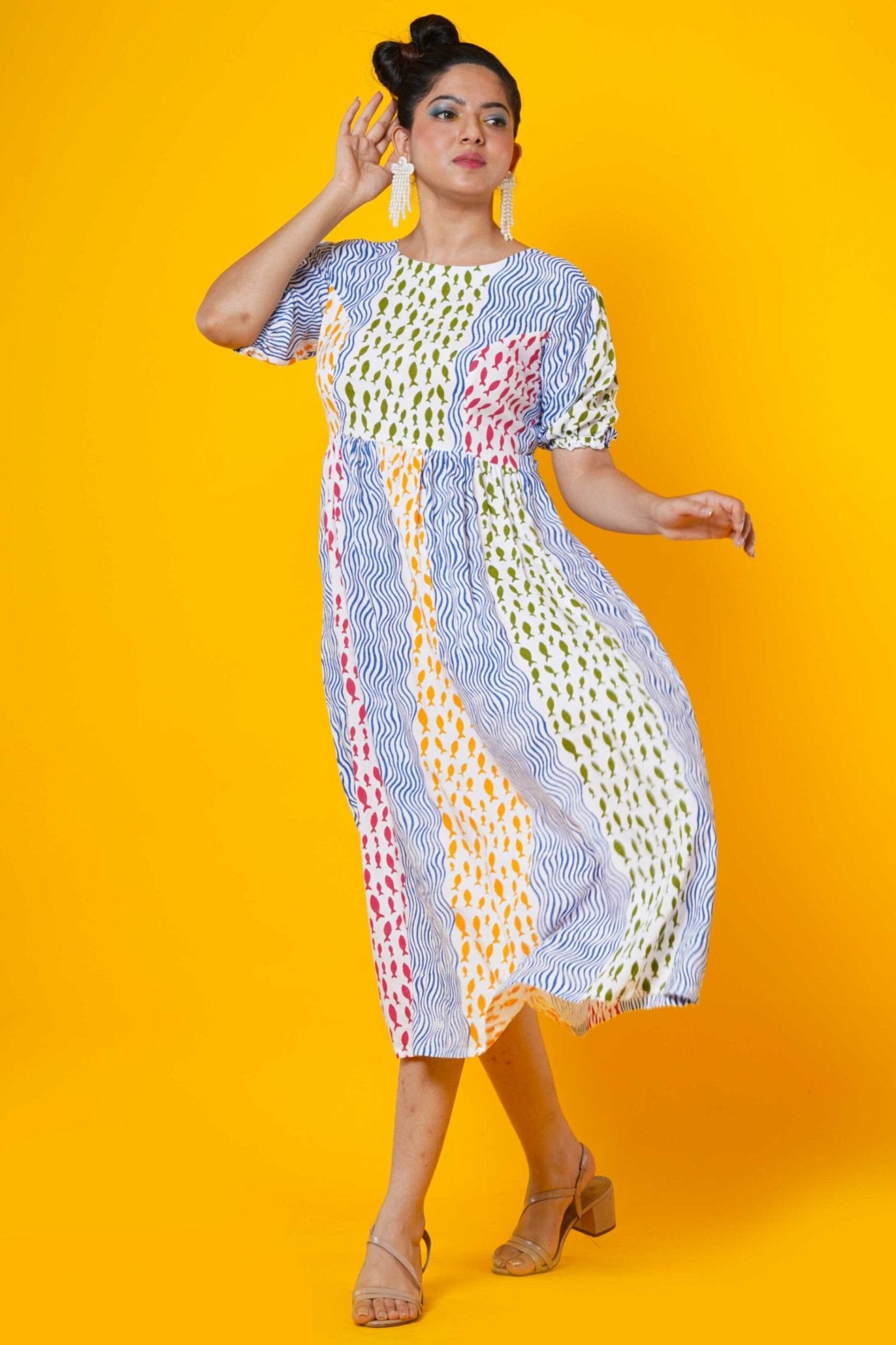 Waves And Fish Block Print Cotton Dress