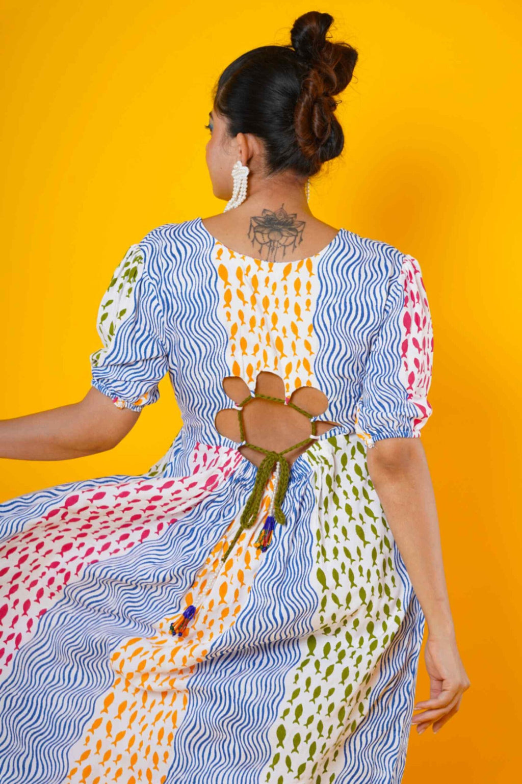 Waves And Fish Block Print Cotton Dress