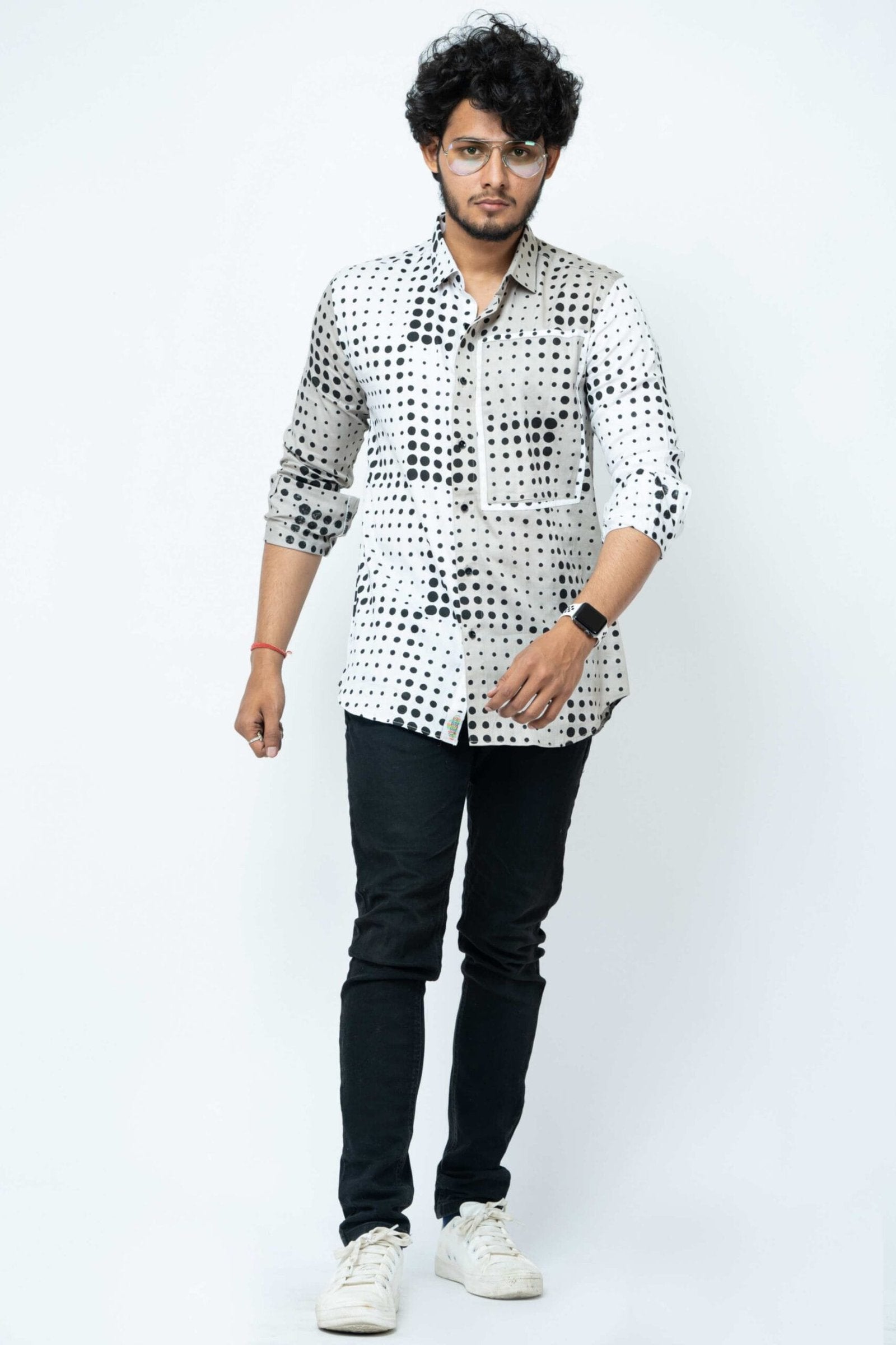 White  Grey  Dots Patch Work Slim Fit Full Sleeve Shirt