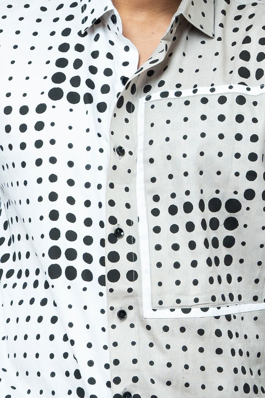 White  Grey  Dots Patch Work Slim Fit Full Sleeve Shirt