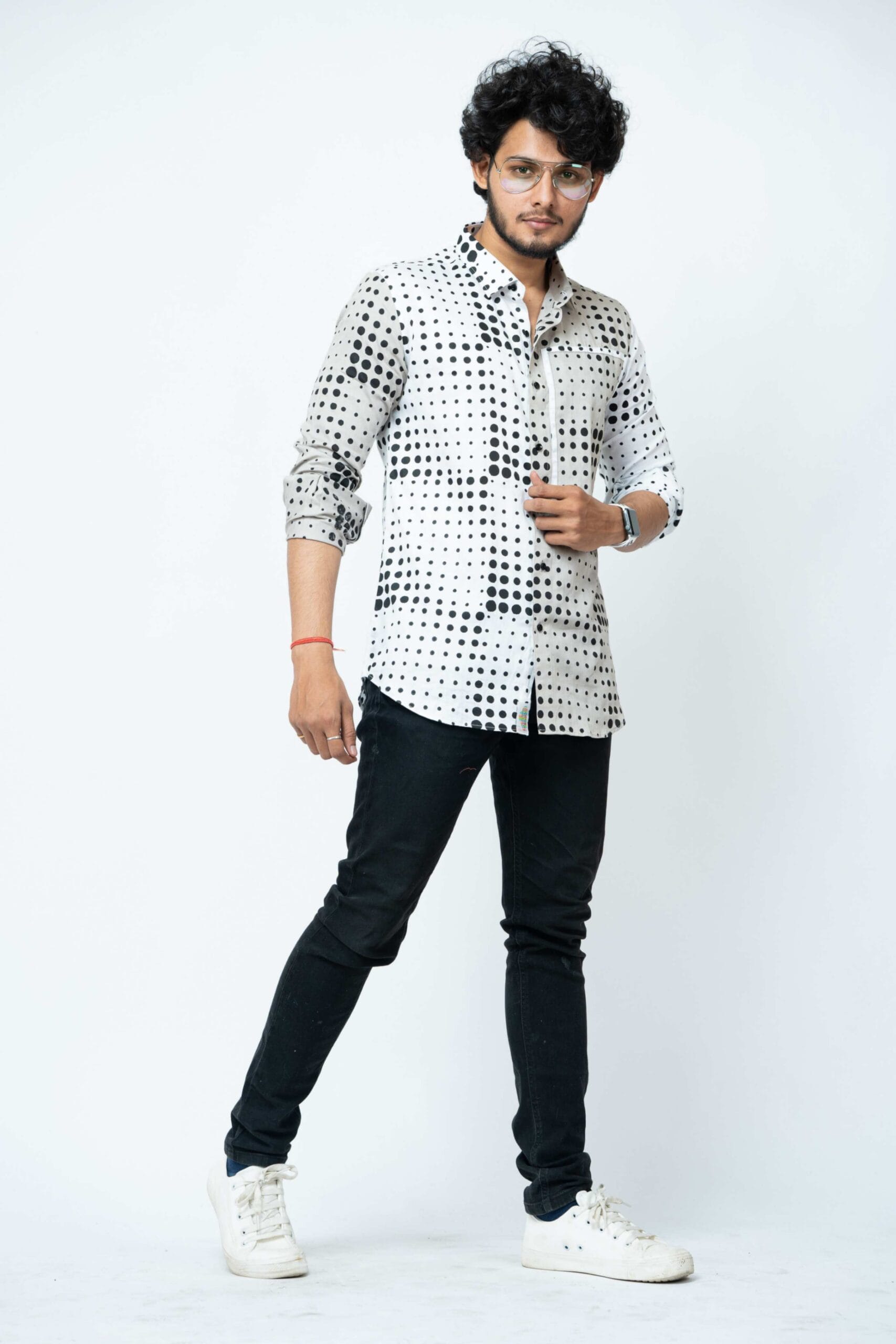 White  Grey  Dots Patch Work Slim Fit Full Sleeve Shirt