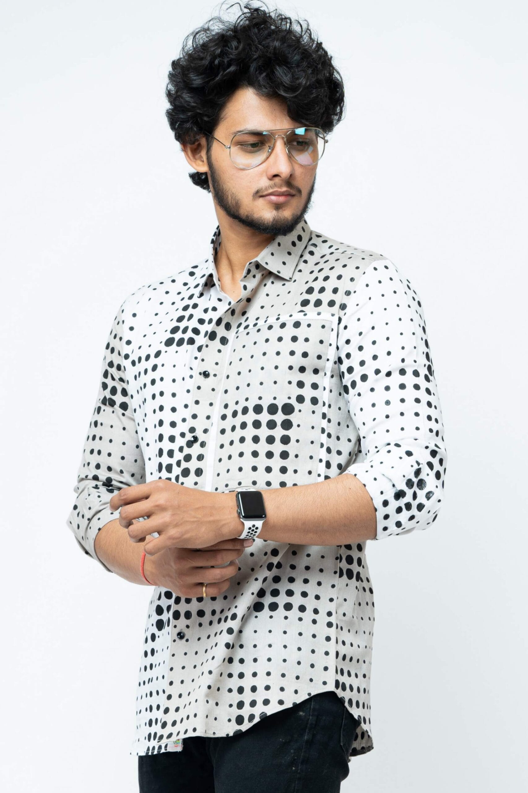 White  Grey  Dots Patch Work Slim Fit Full Sleeve Shirt