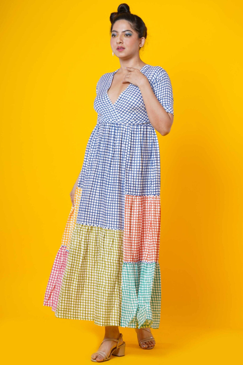 Women Block Print Cotton Maxi Dress In Multicolour Checks