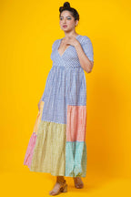 Women Block Print Cotton Maxi Dress In Multicolour Checks