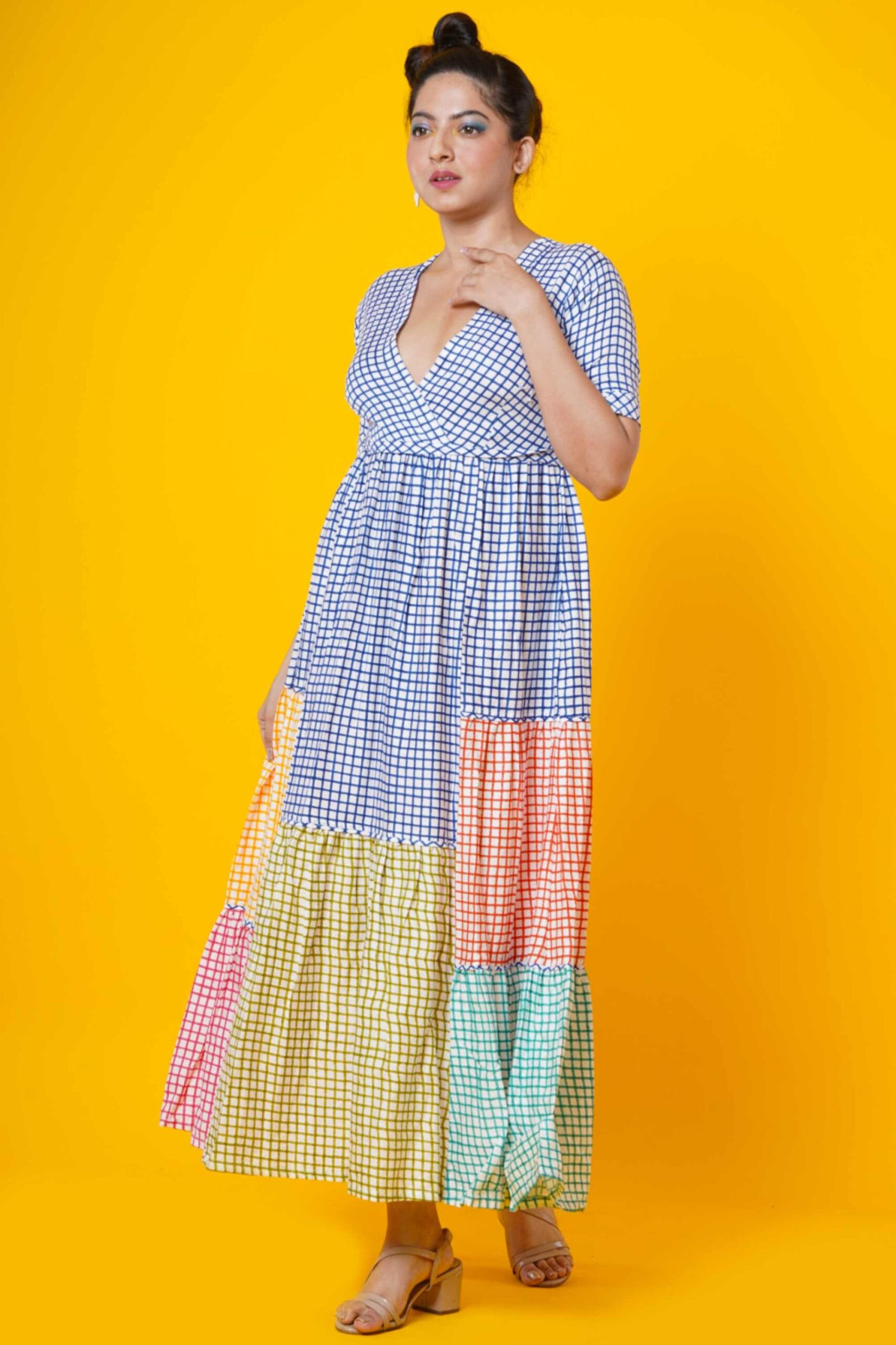 Women Block Print Cotton Maxi Dress In Multicolour Checks