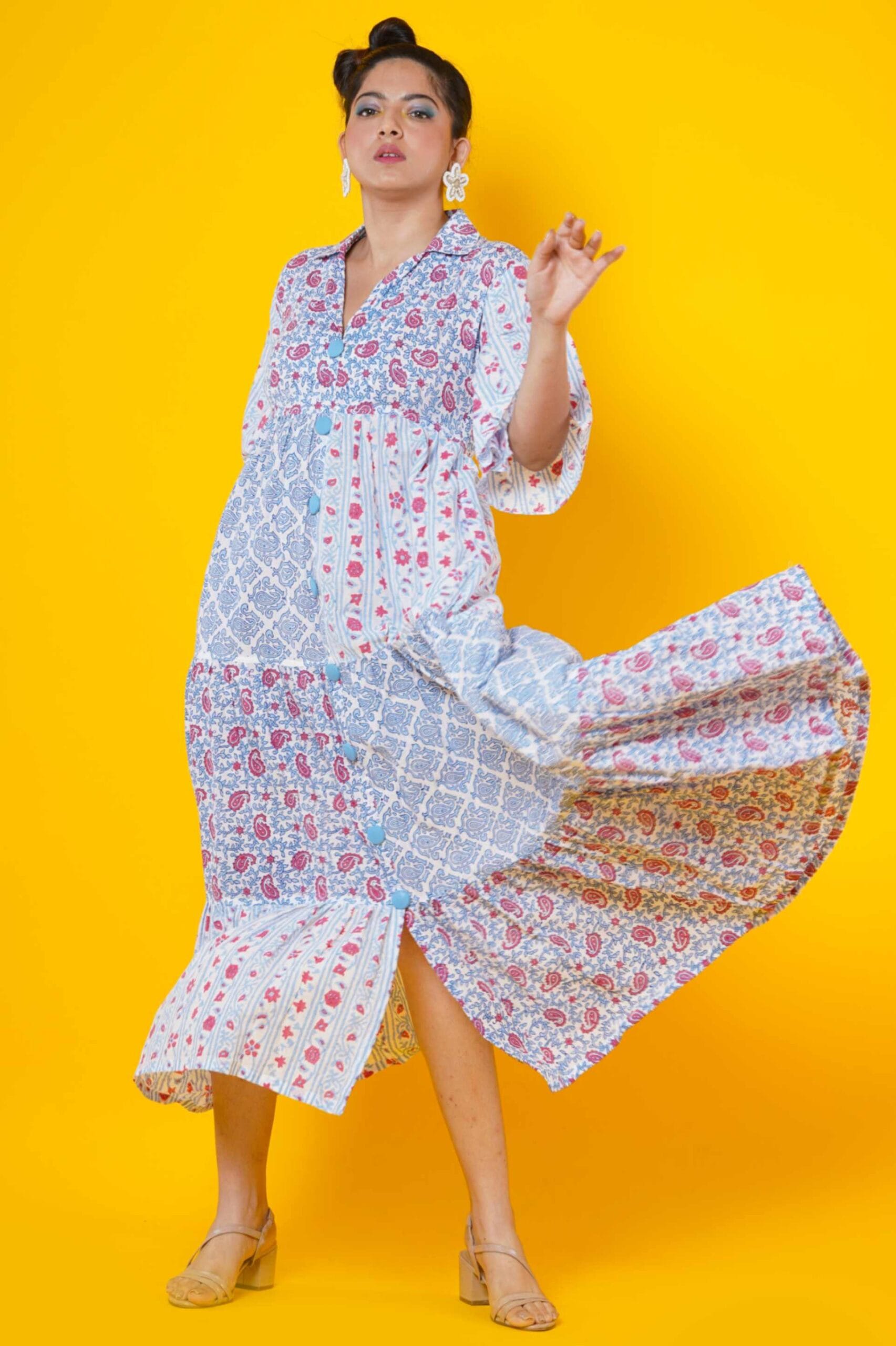Women Block Print Blue Kalamkari Dress