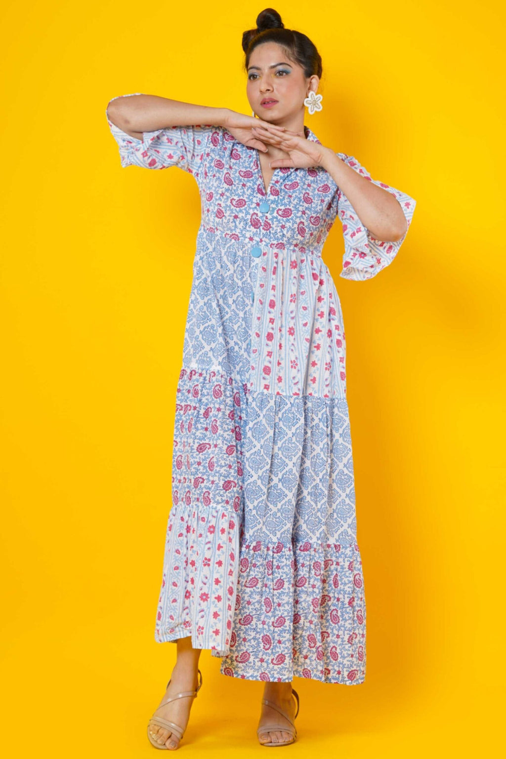 Women Block Print Blue Kalamkari Dress