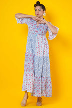 Women Block Print Blue Kalamkari Dress