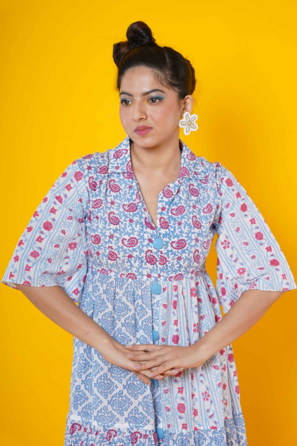 Women Block Print Blue Kalamkari Dress