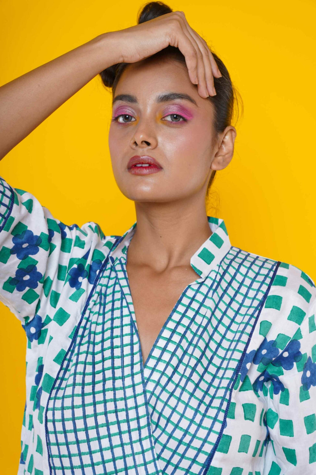 Women block print cotton midi dress in blue and green