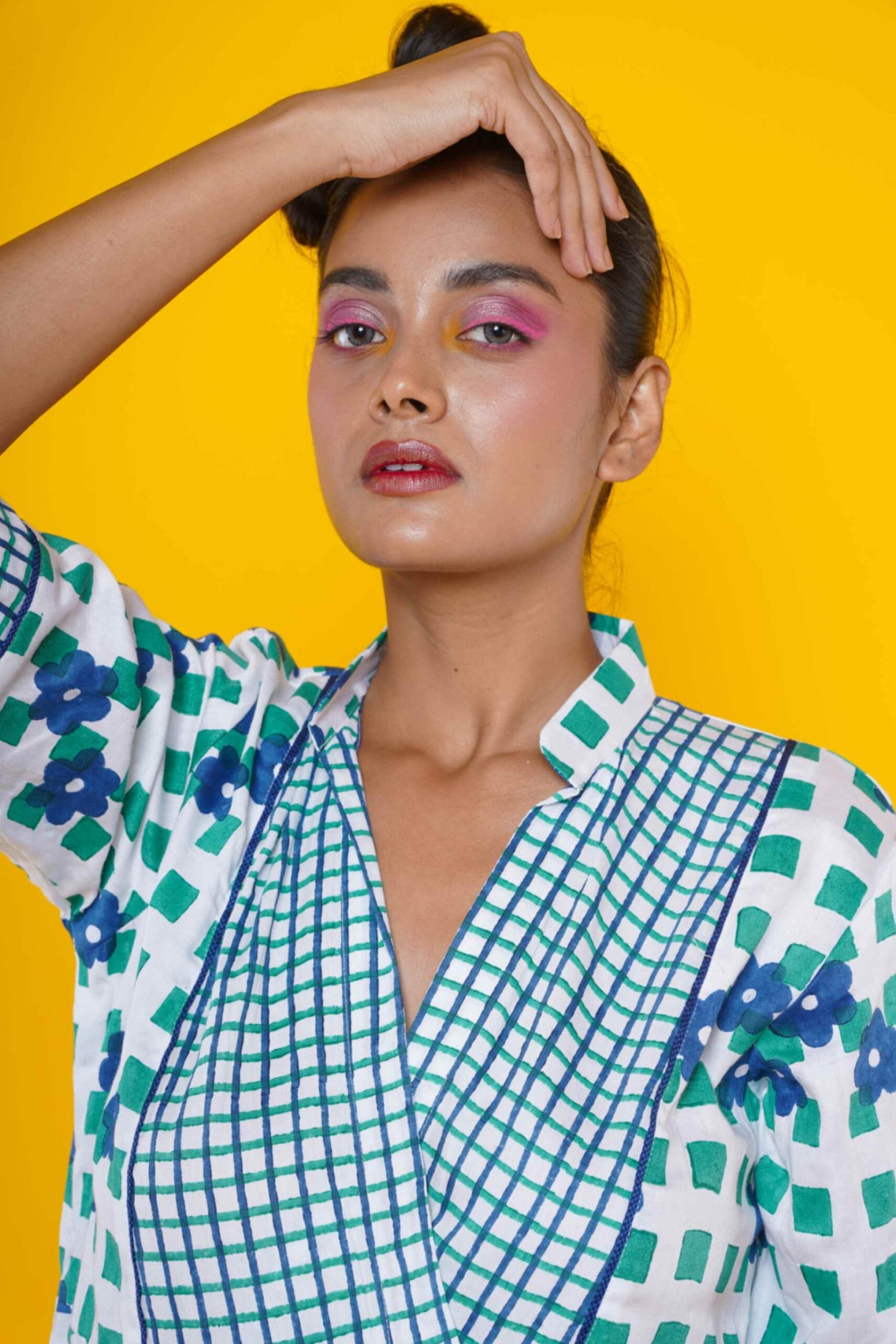 Women block print cotton midi dress in blue and green