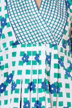 Women block print cotton midi dress in blue and green