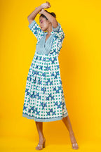 Women block print cotton midi dress in blue and green