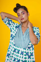Women block print cotton midi dress in blue and green