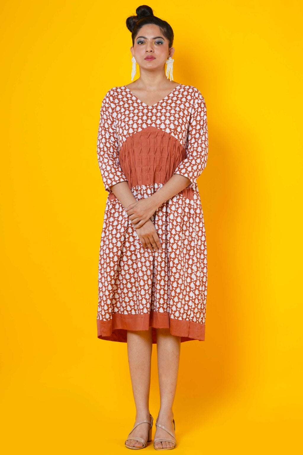 Women Block Printed Cotton Midi Dress In Rust With Pintucks  Detailing