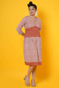 Women Block Printed Cotton Midi Dress In Rust With Pintucks  Detailing