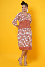 Women Block Printed Cotton Midi Dress In Rust With Pintucks  Detailing