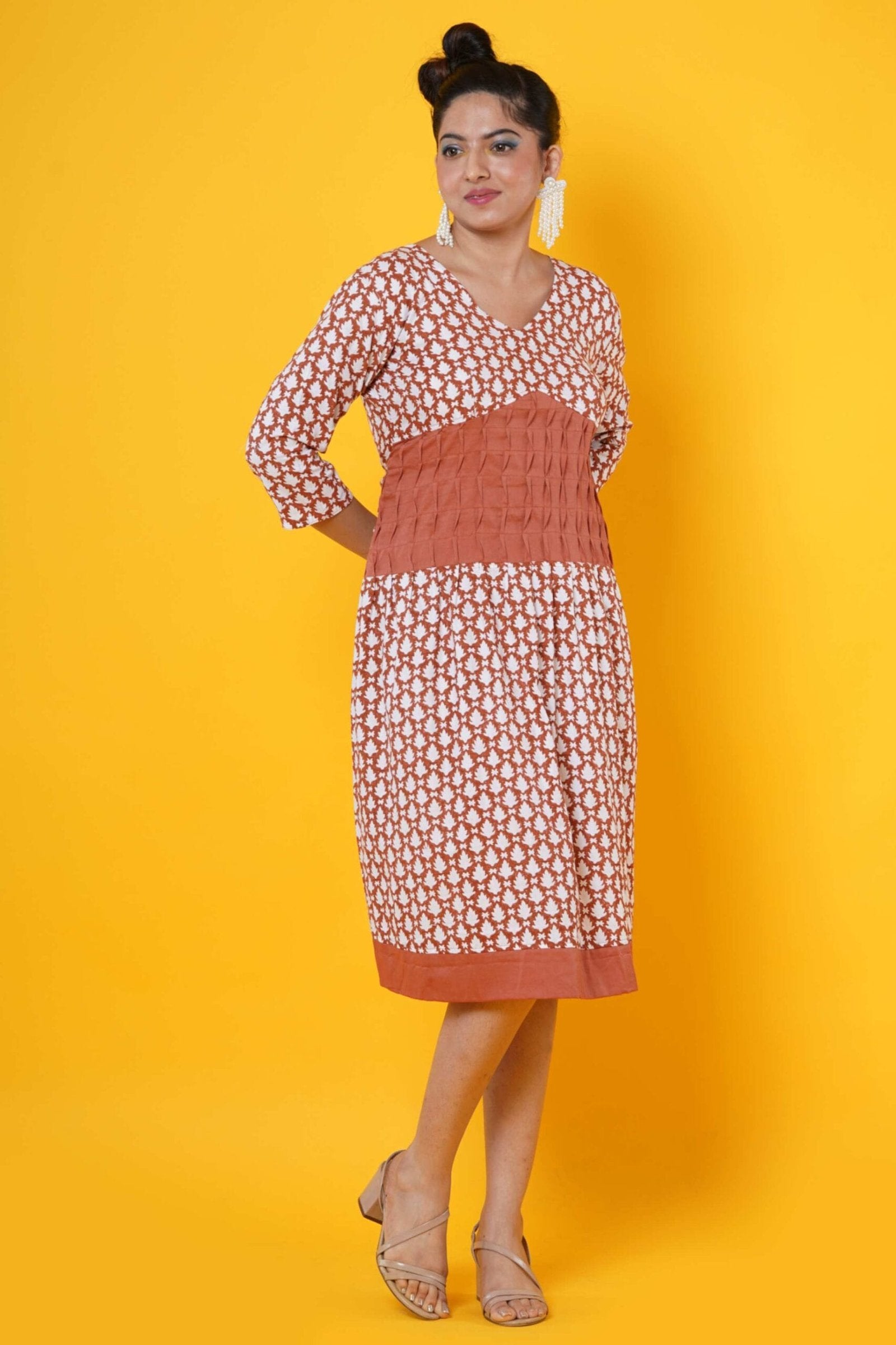 Women Block Printed Cotton Midi Dress In Rust With Pintucks  Detailing