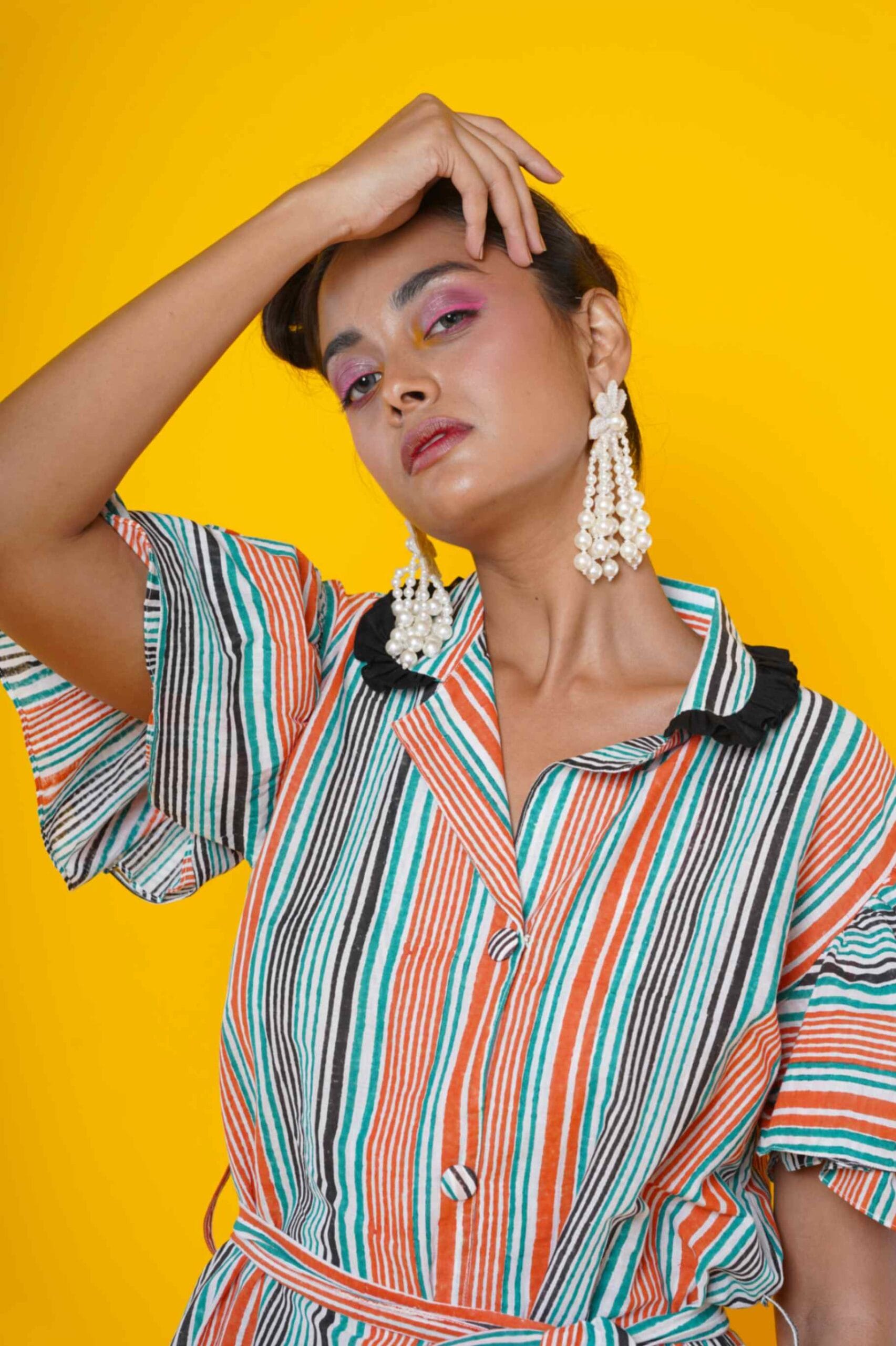 Women Block Print Cotton Midi Dress In Stripes