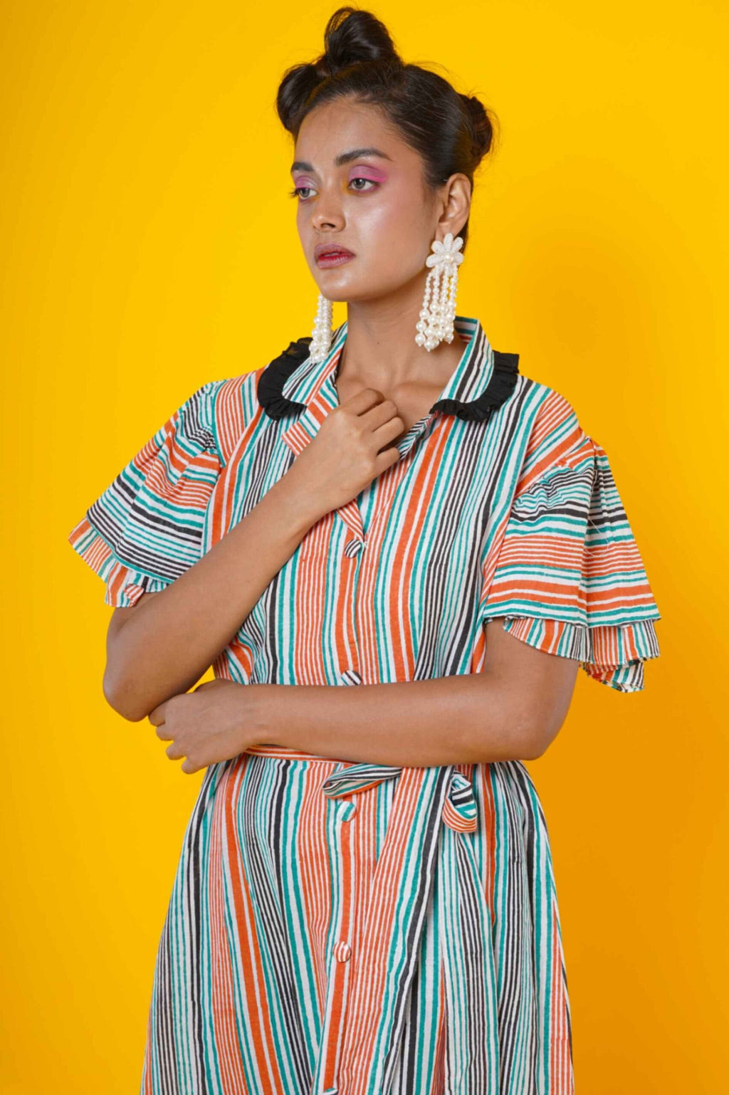Women Block Print Cotton Midi Dress In Stripes
