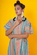 Women Block Print Cotton Midi Dress In Stripes