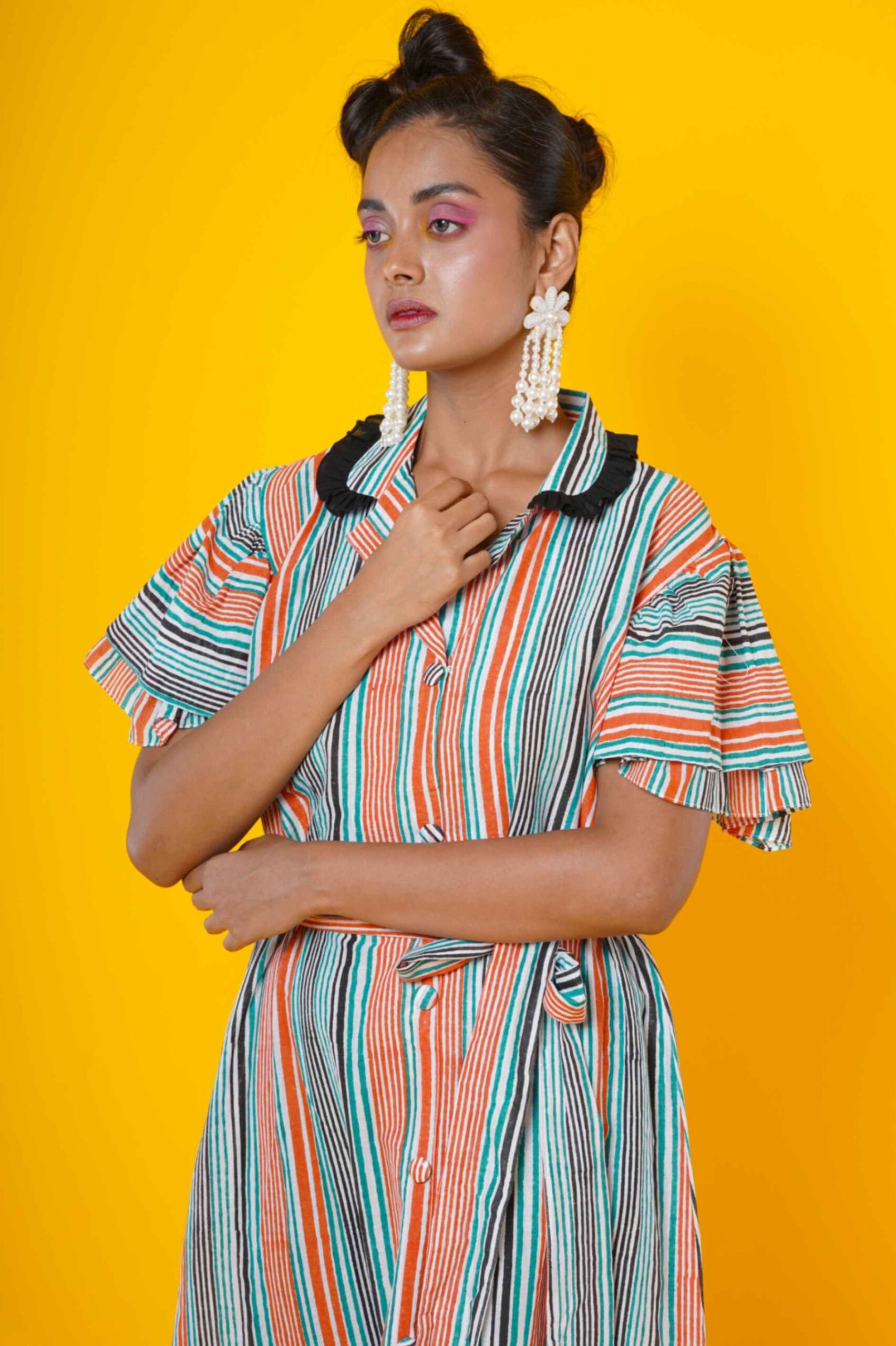 Women Block Print Cotton Midi Dress In Stripes