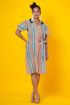 Women Block Print Cotton Midi Dress In Stripes