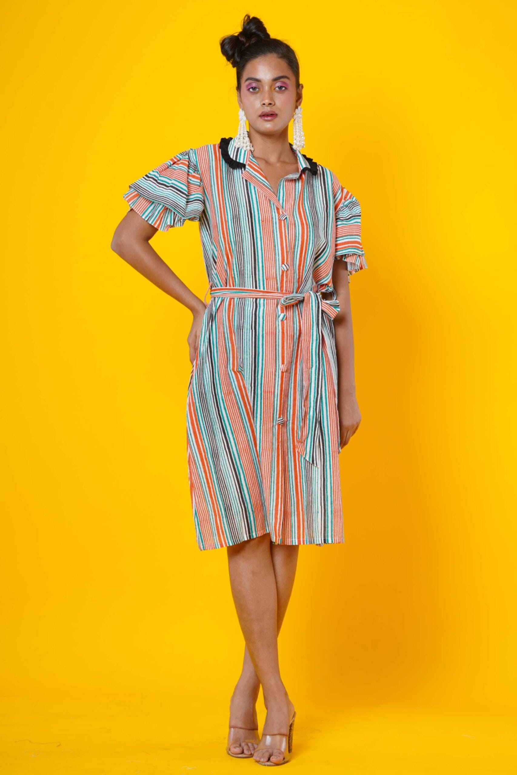 Women Block Print Cotton Midi Dress In Stripes