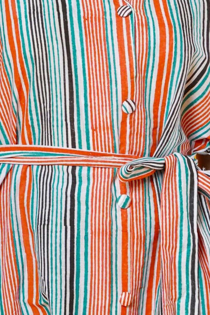Women Block Print Cotton Midi Dress In Stripes