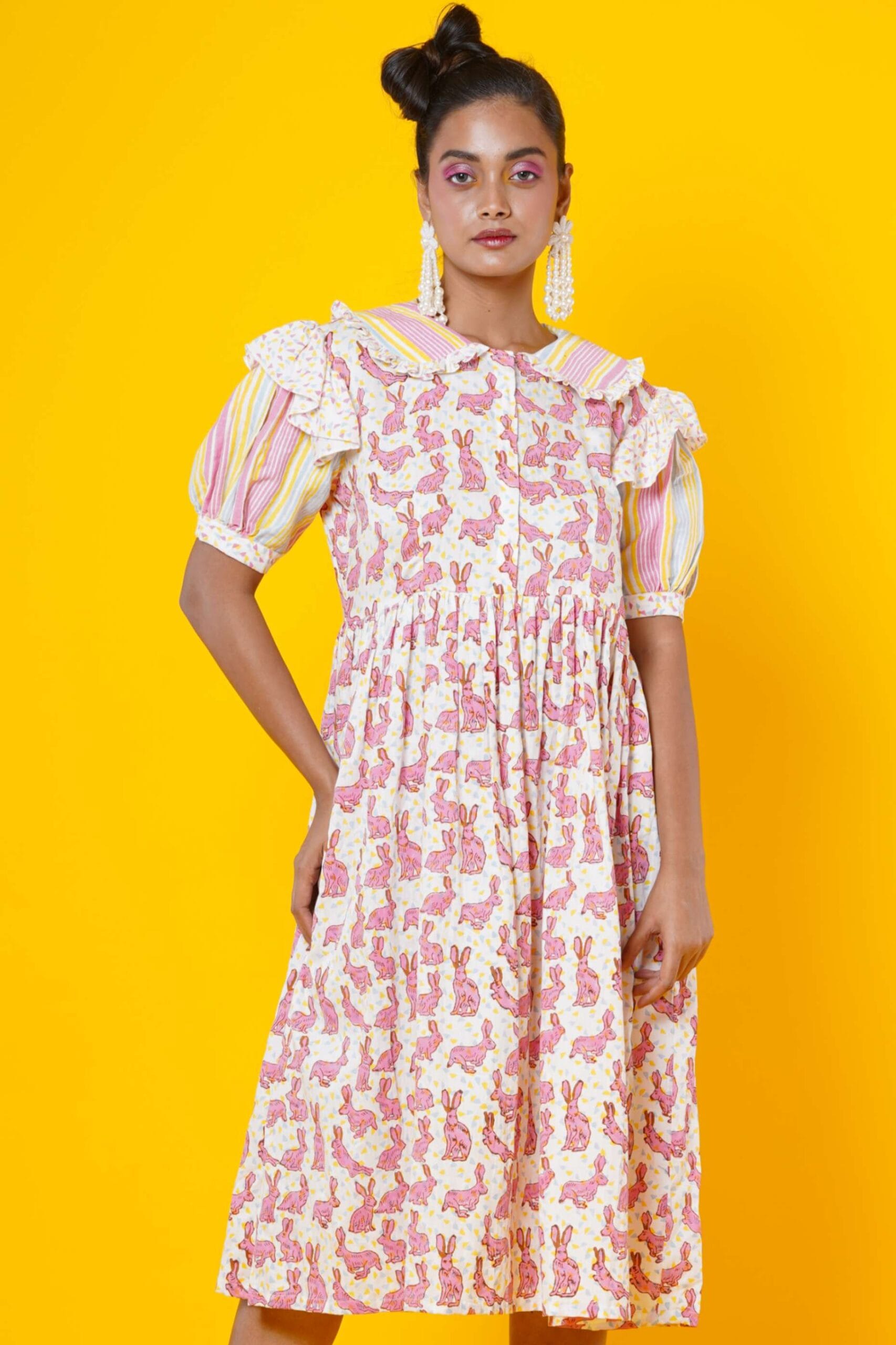 Women Block Printed Cotton Midi Dress With Stripes And Rabbit