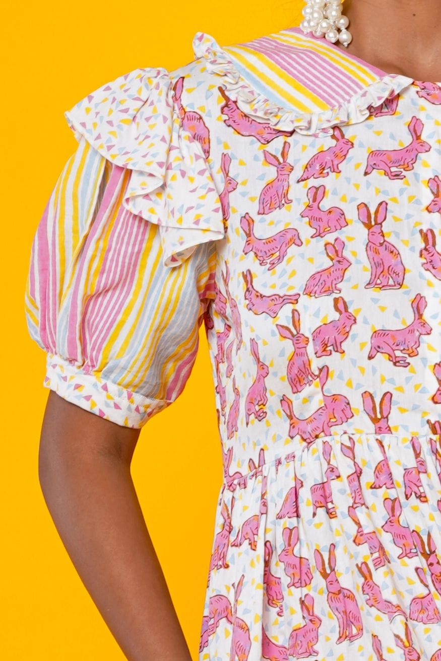 Women Block Printed Cotton Midi Dress With Stripes And Rabbit