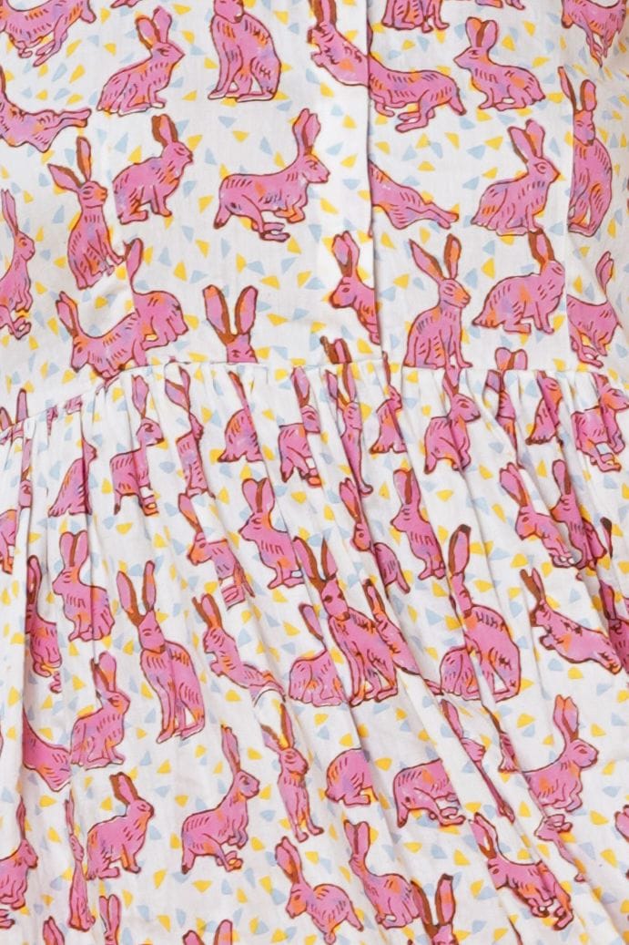 Women Block Printed Cotton Midi Dress With Stripes And Rabbit