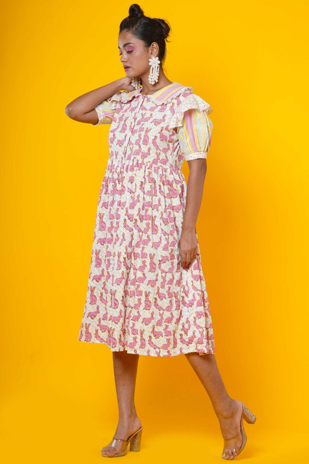 Women Block Printed Cotton Midi Dress With Stripes And Rabbit