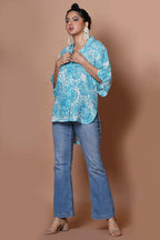 Women Block Print Cotton Shirt In Blue