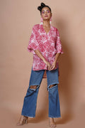Women Block Print Cotton Shirt In Red And Pink
