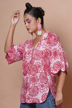 Women Block Print Cotton Shirt In Red And Pink
