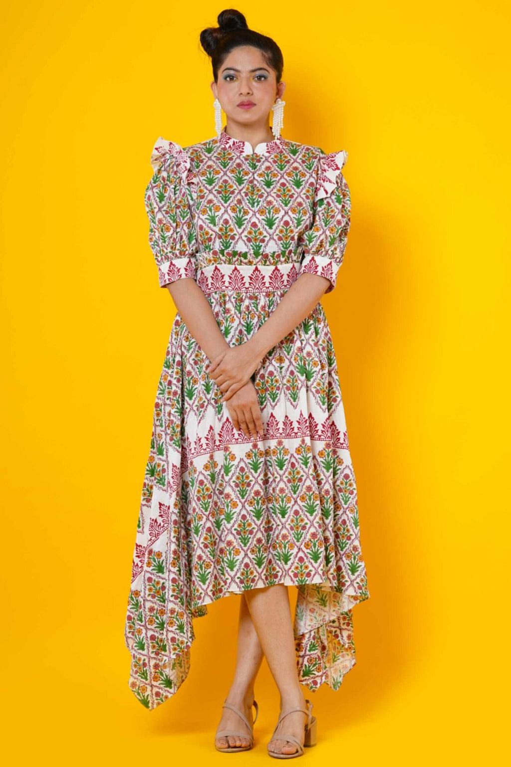 Women Block Print Kalamkari Dress In Red And Green