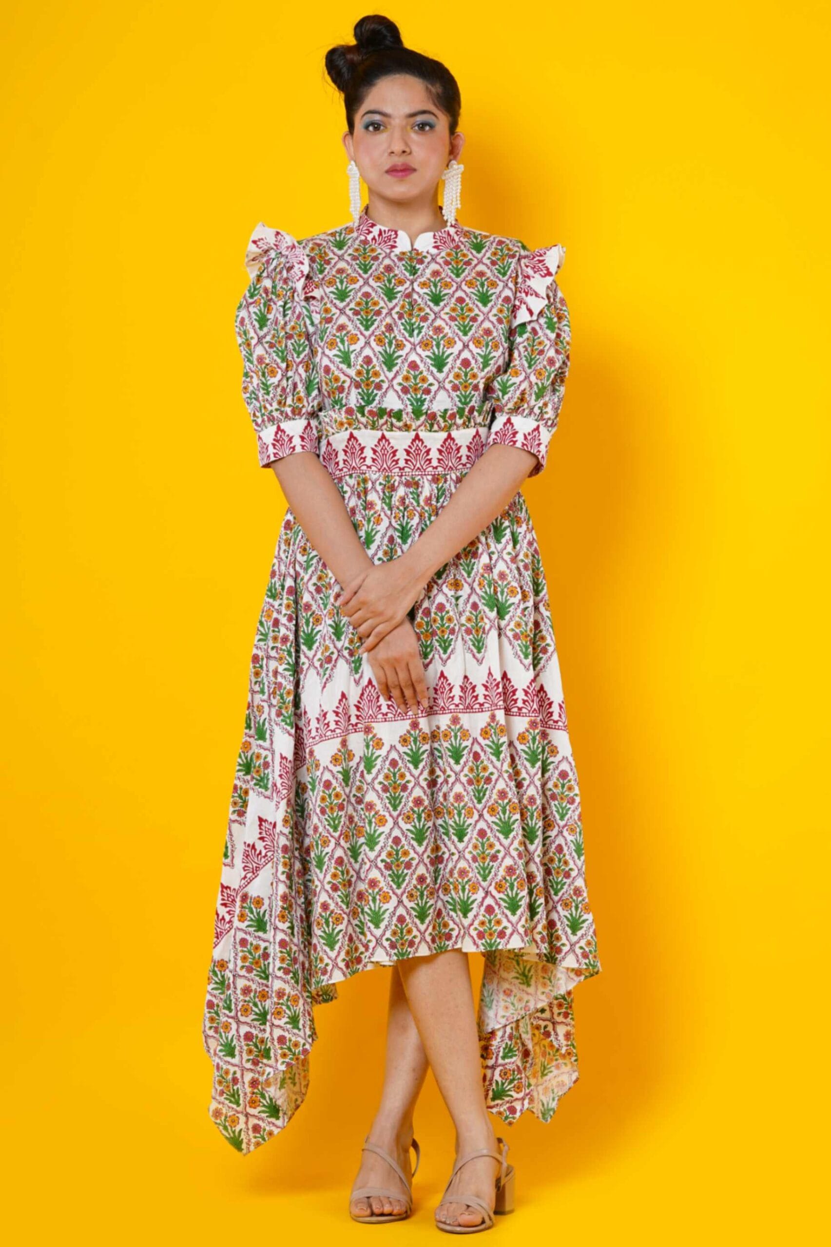 Women Block Print Kalamkari Dress In Red And Green