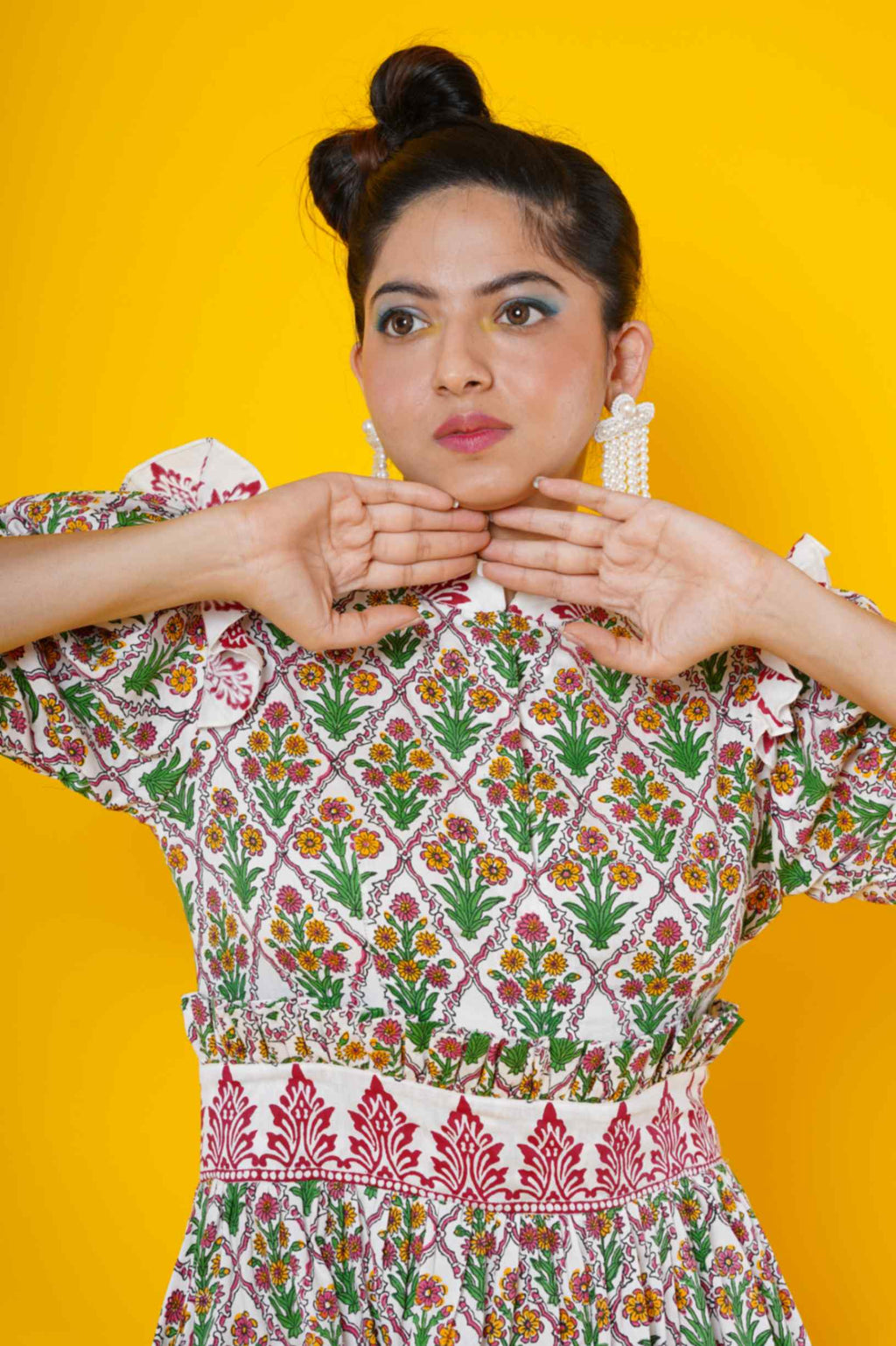 Women Block Print Kalamkari Dress In Red And Green