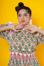 Women Block Print Kalamkari Dress In Red And Green