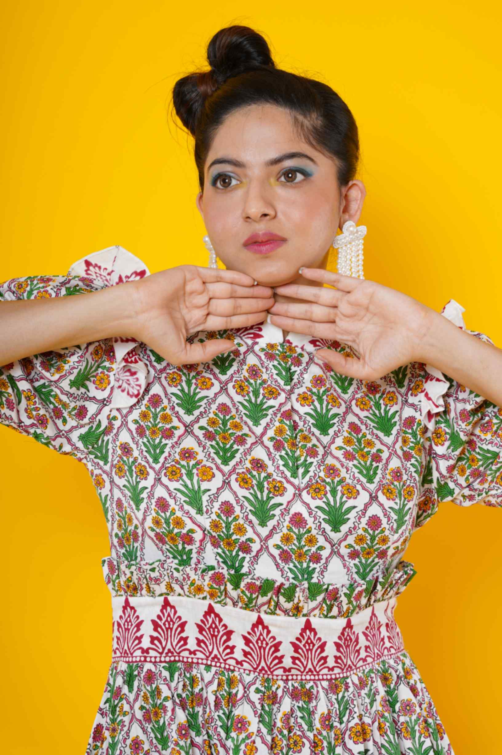 Women Block Print Kalamkari Dress In Red And Green