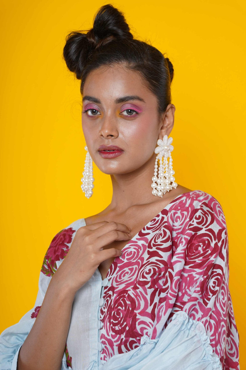 Women Block Printed Muslin Midi Dress With Rose Motifs