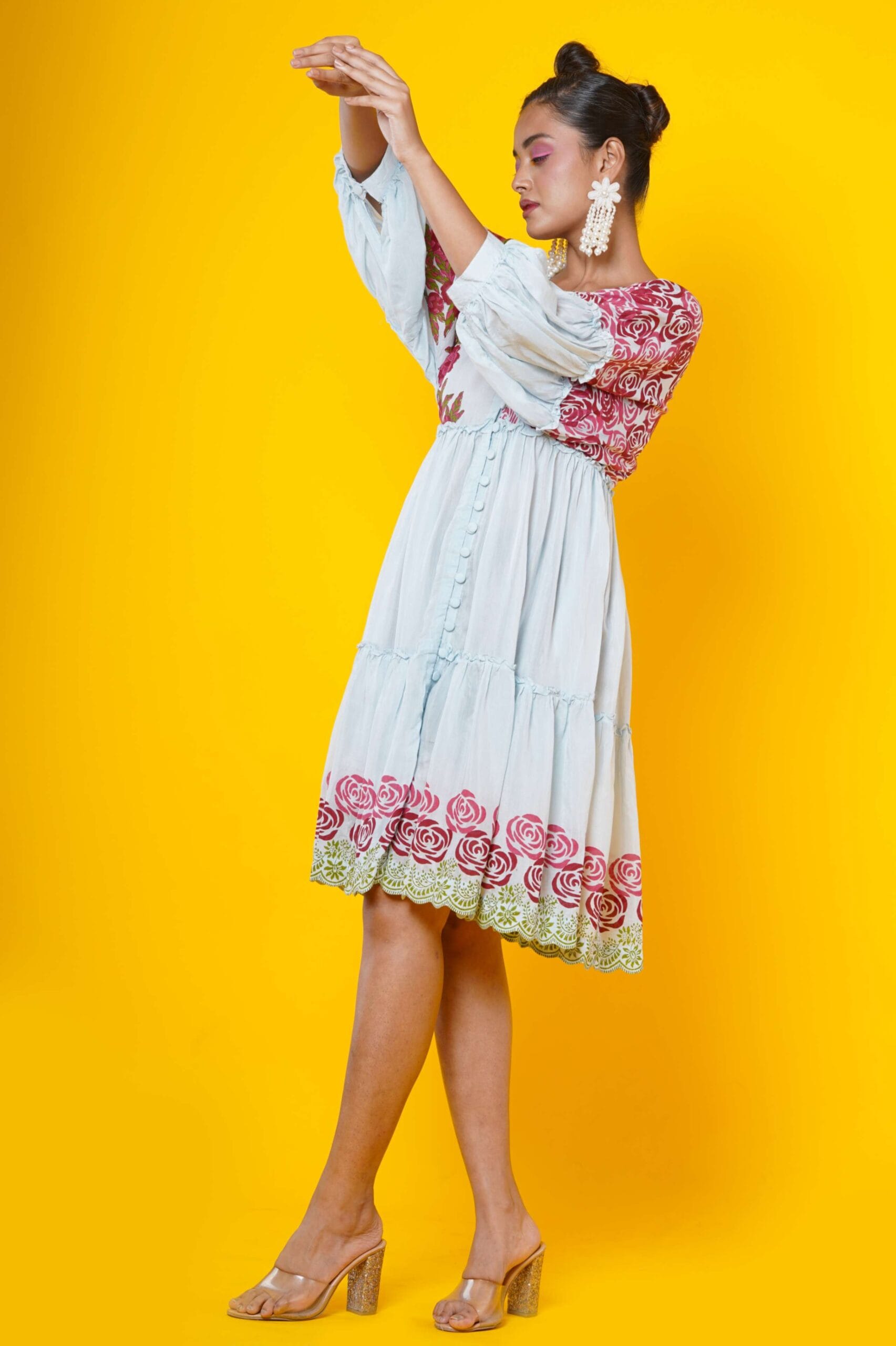 Women Block Printed Muslin Midi Dress With Rose Motifs
