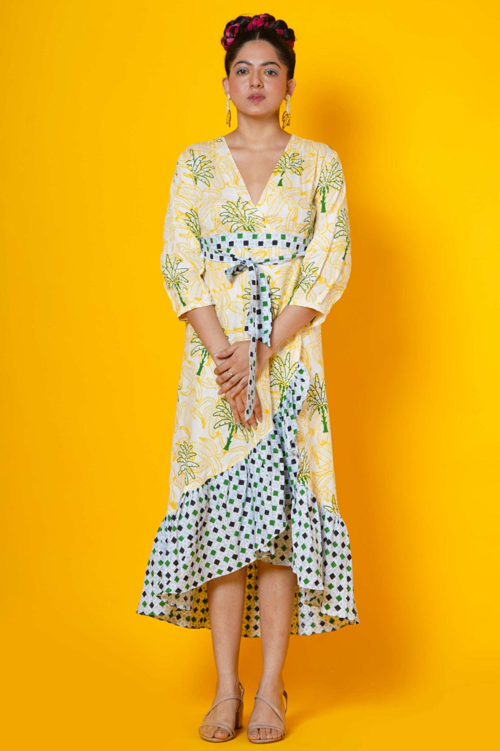 Women Block Print Tropical Summer Wrap Dress