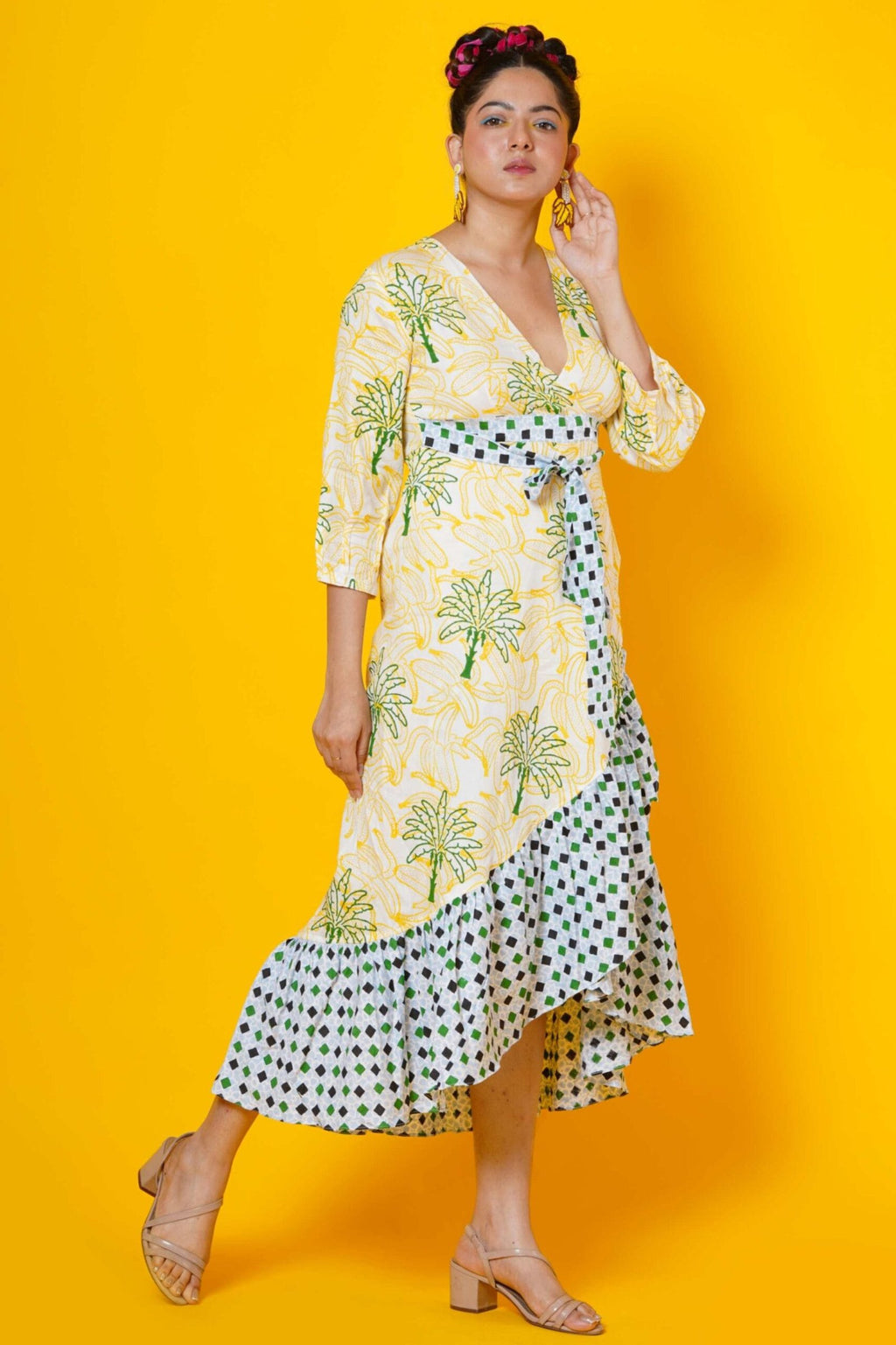Women Block Print Tropical Summer Wrap Dress