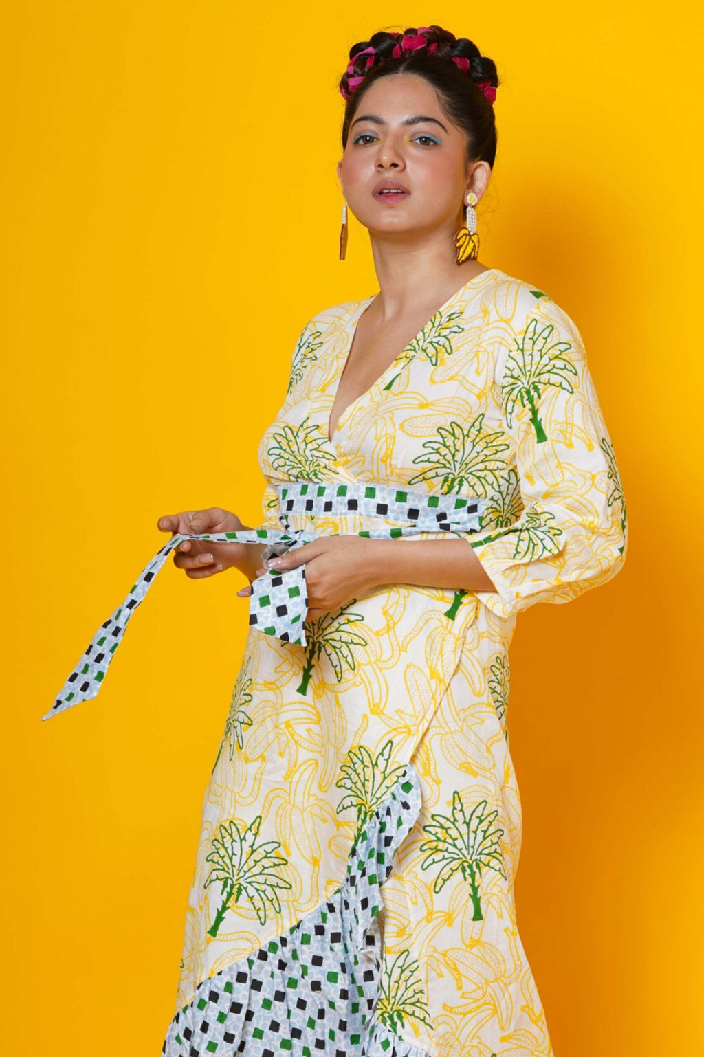 Women Block Print Tropical Summer Wrap Dress